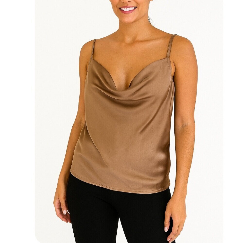 YOINS copper brown satin spaghetti strap draped front SZ LG Sexy top blouse EUC